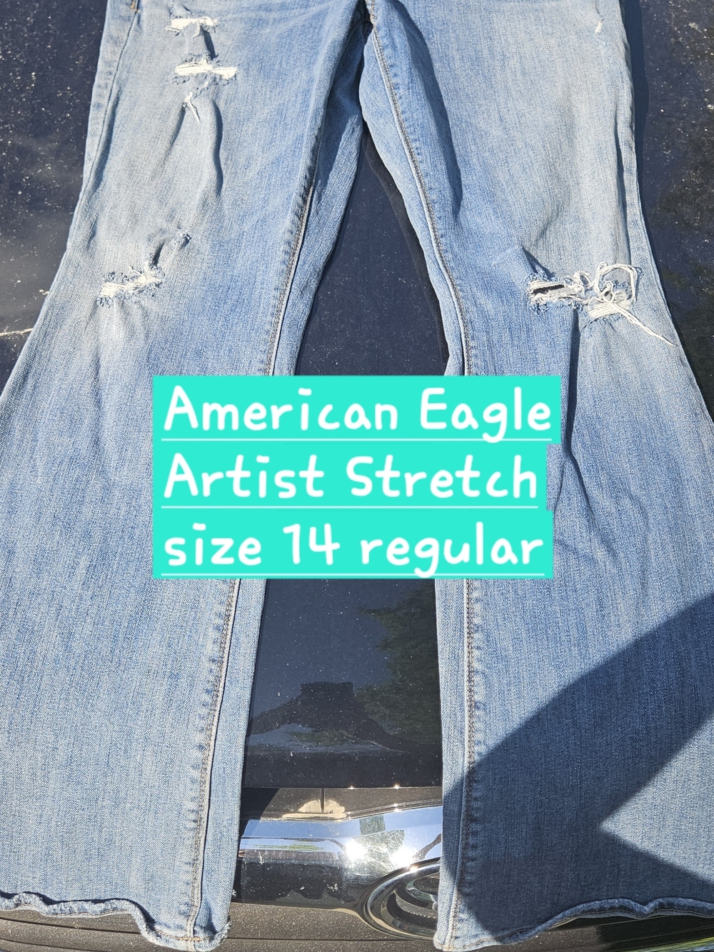 American Eagle Outfitters Light Blue Flare Jeans with Distressed Details